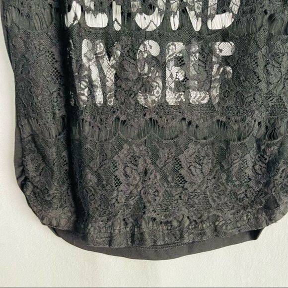 Black Lace Overlay White Graphic Lettering Tank Top Only Beyond Myself - Picture 2 of 5